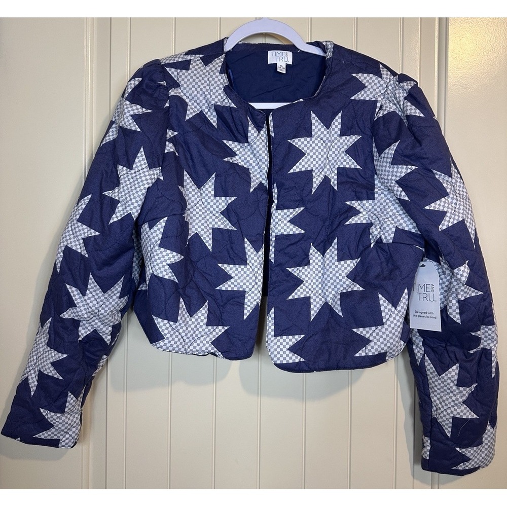 NWT Time and Tru Blue Stars Quilted Jacket Soft Cropped Sz L